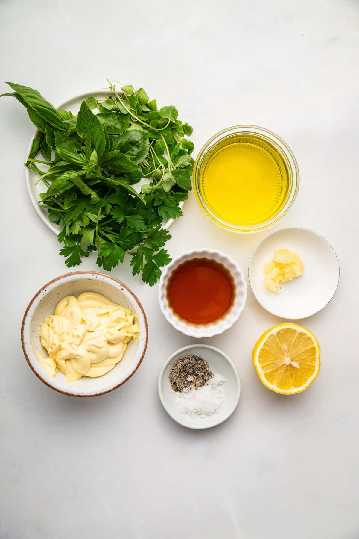 Overhead view of ingredients for Italian dressing