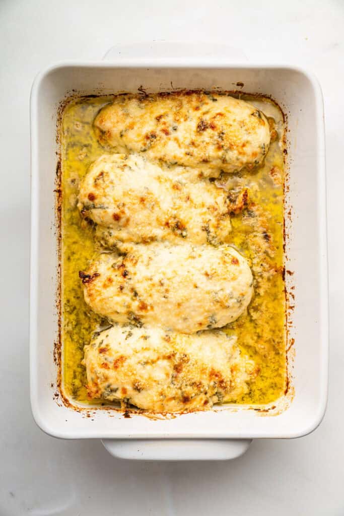 Cooked Italian Dressing Chicken in a baking dish.