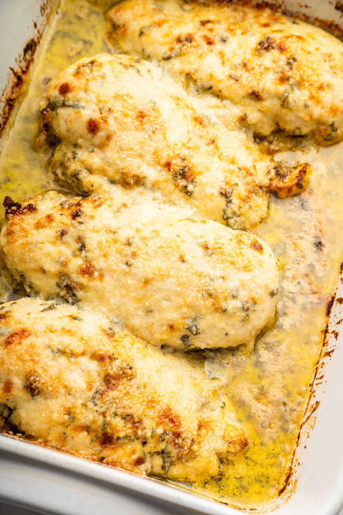 Cooked Italian Dressing Chicken in a baking dish.