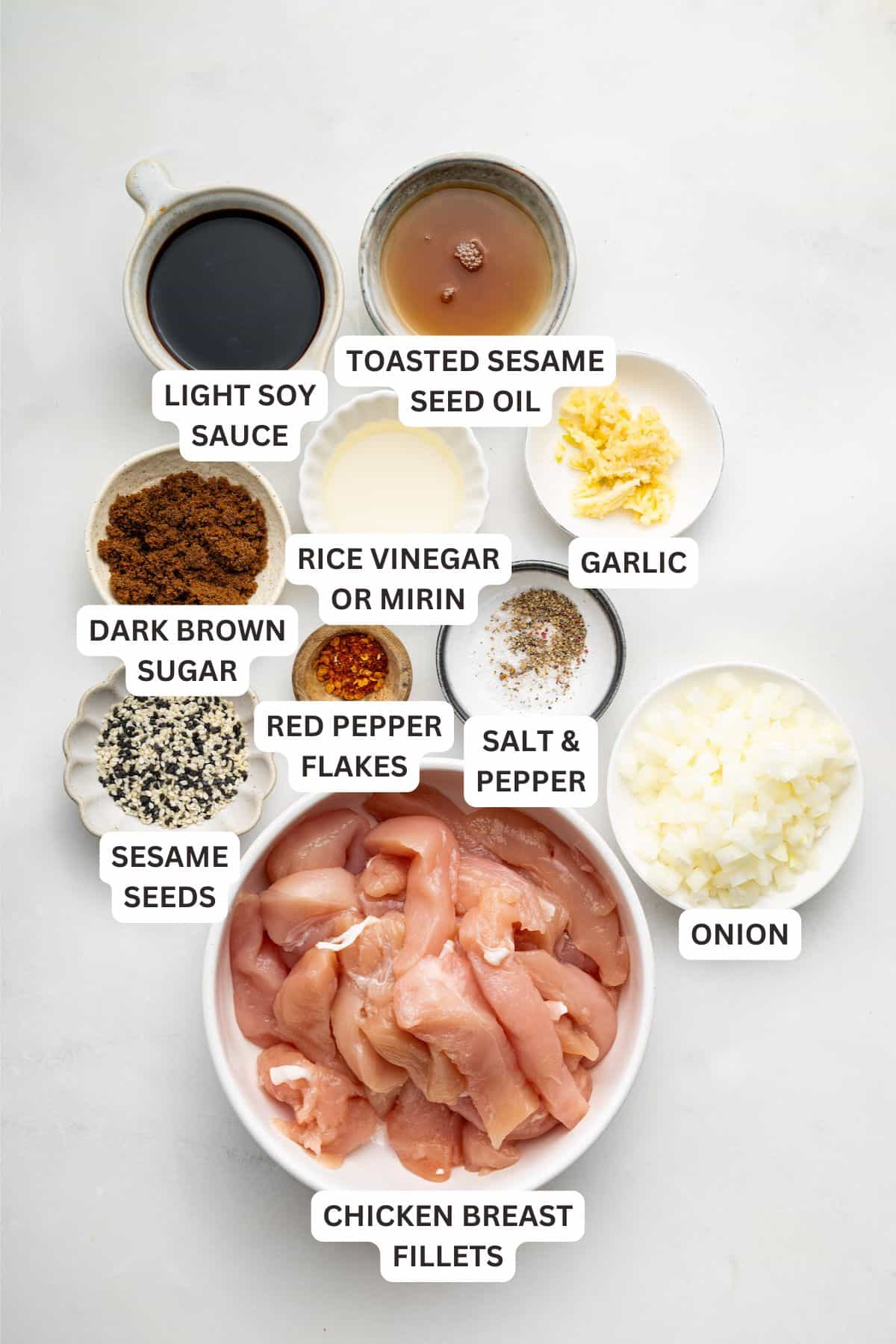 Overhead view of ingredients for chicken bulgogi with labels