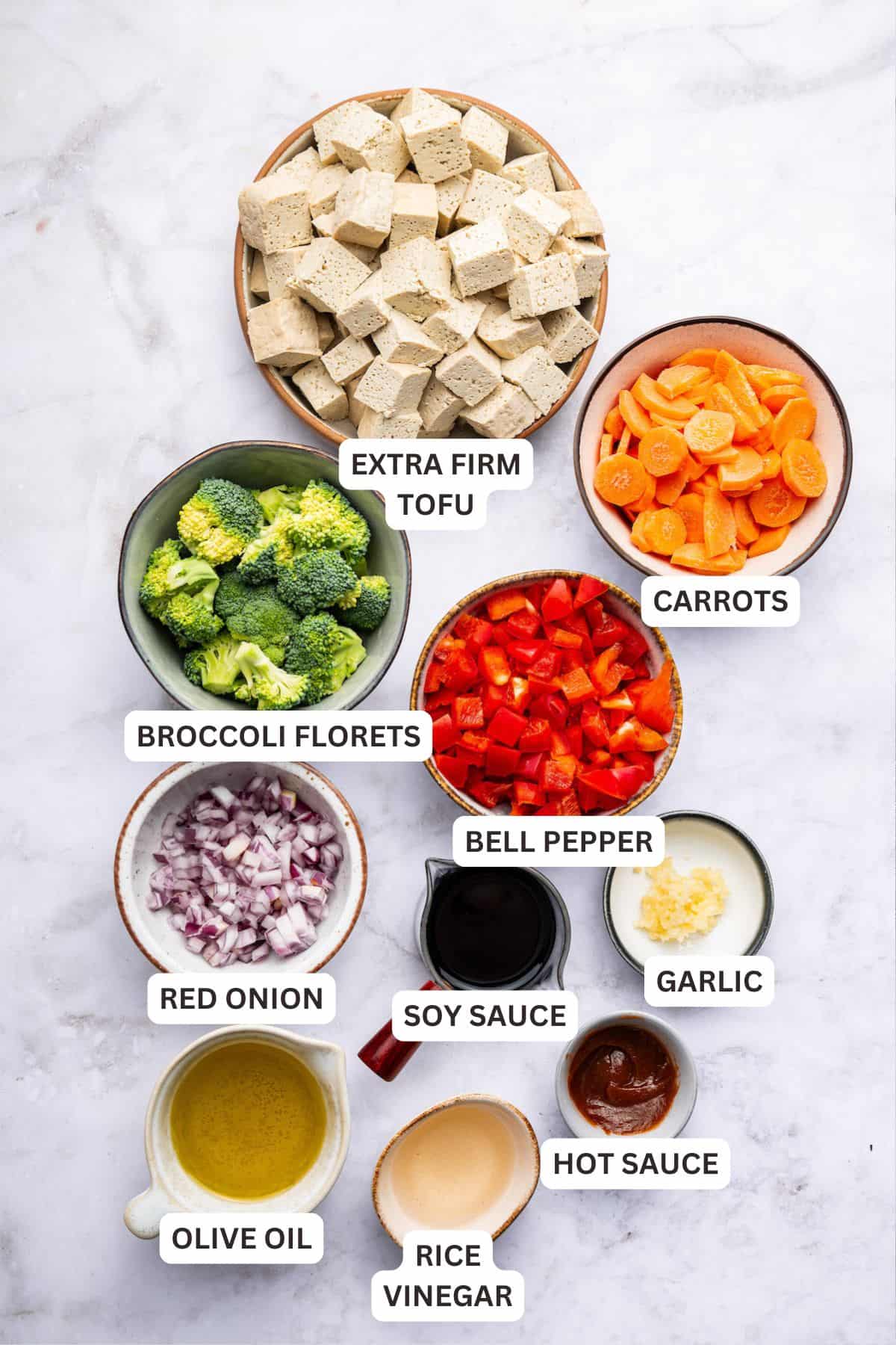 Overhead view of ingredients for tofu stir fry with labels