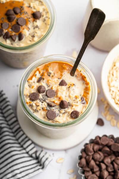 Top-down view of creamy peanut butter overnight oats