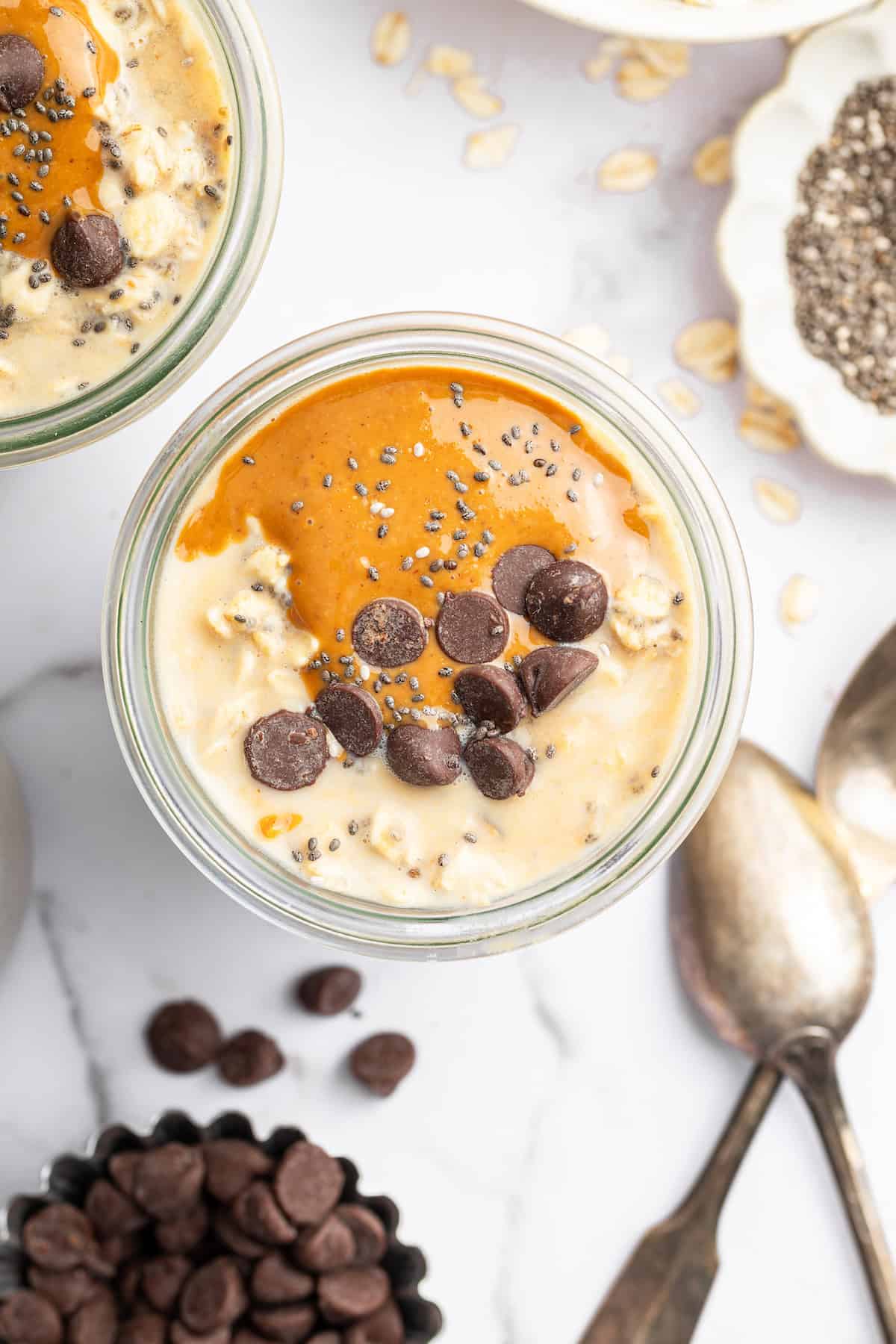 Top-down view of peanut butter overnight oats