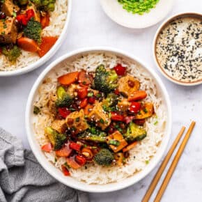 Overhead view of tofu stir fry over rice