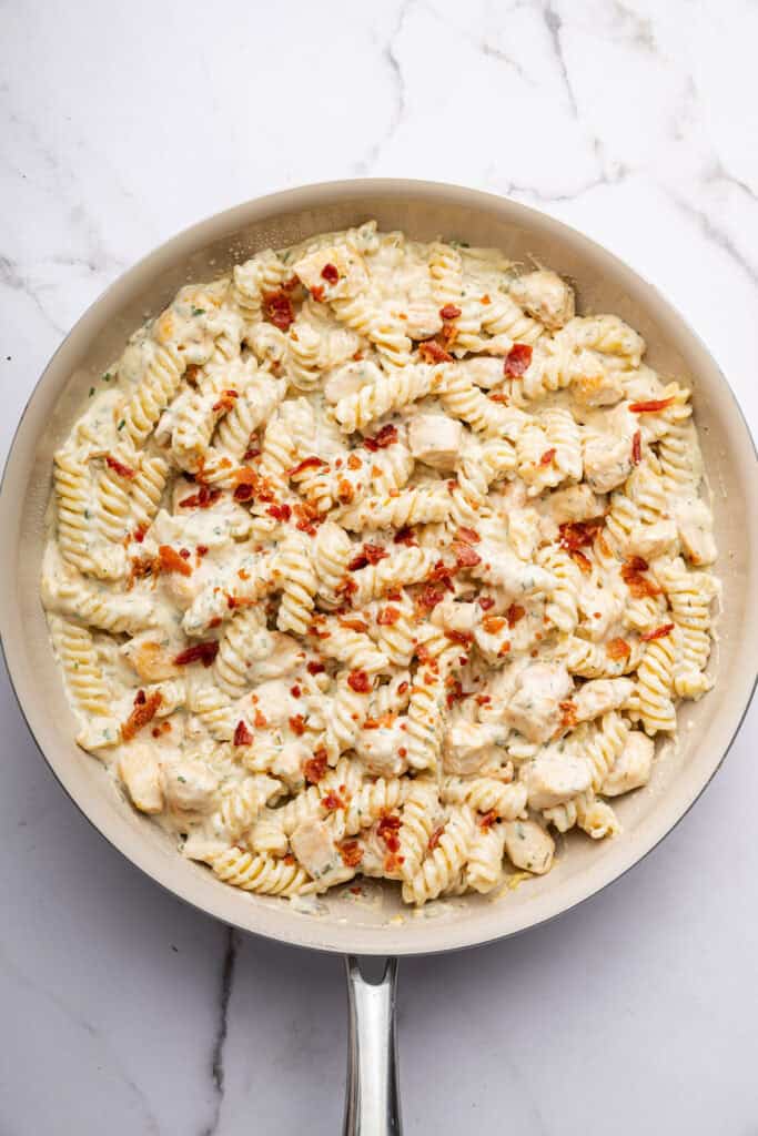 Skillet with chicken bacon ranch pasta