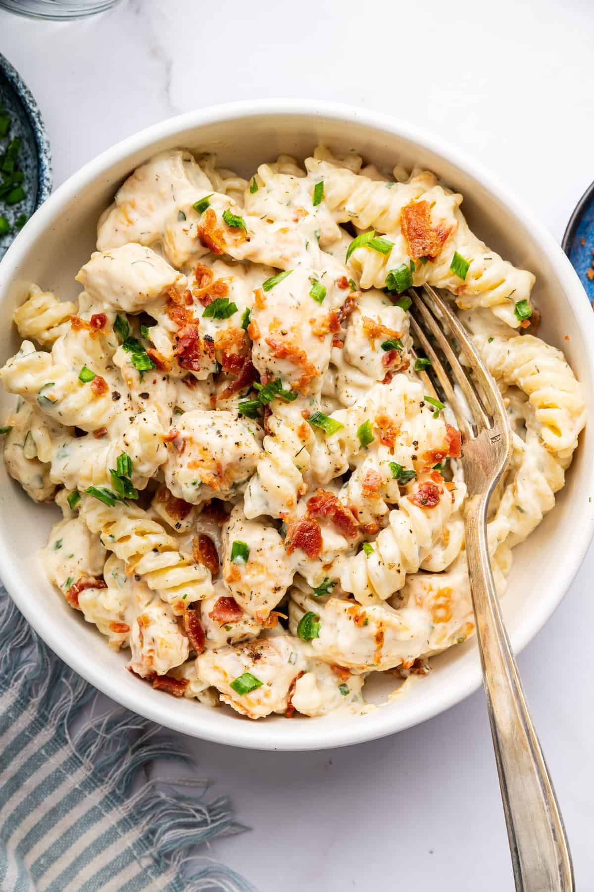 Bowl of chicken bacon ranch pasta with fork